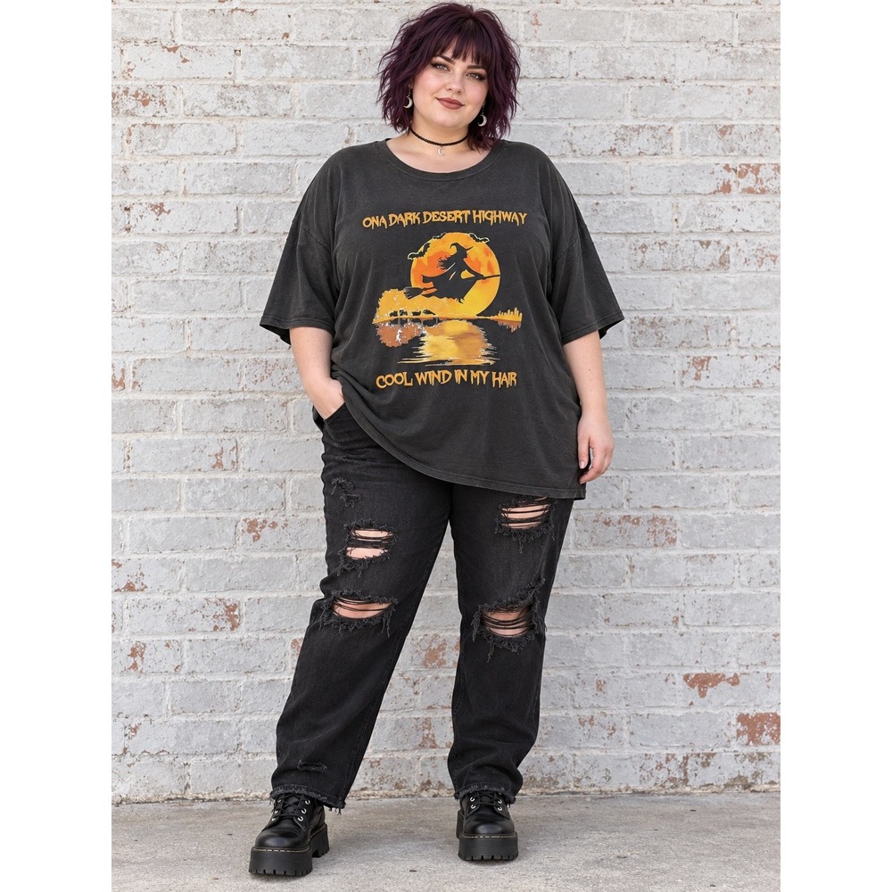 Halloween Witch Black Orange Moon Dark Desert Highway Graphic 5XL TShirt New